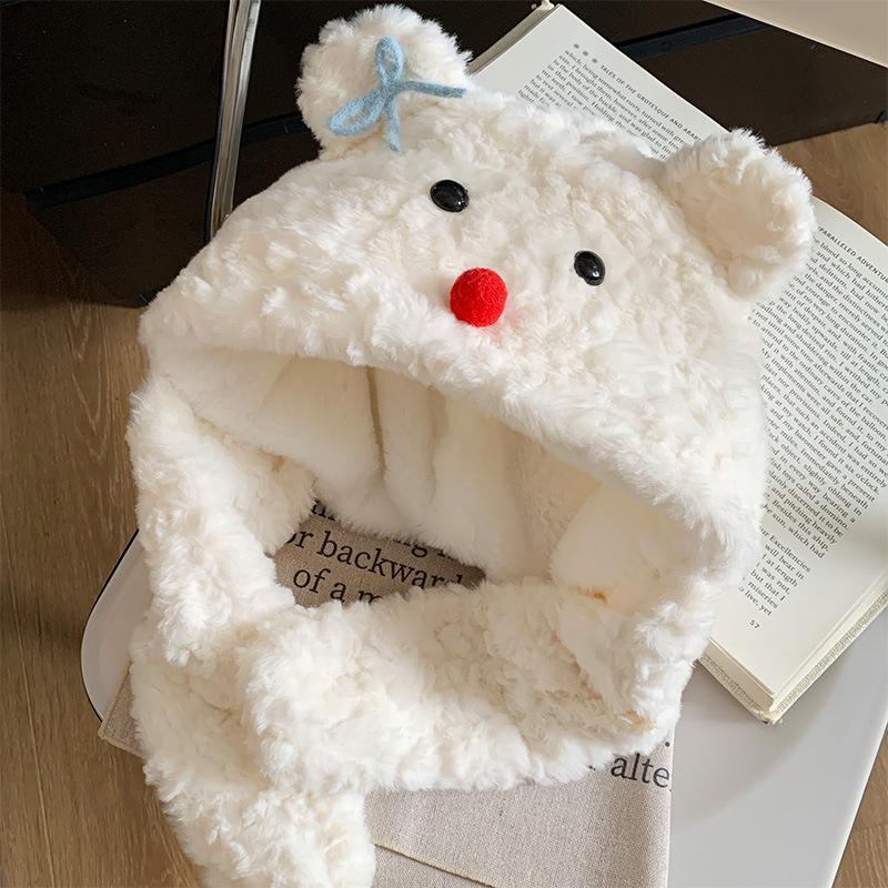 Chapéu cachecol de urso de pelúcia com laço fofo em um só para mulheres 2025 Quente Pelúcia Proteção para as orelhas Lei Feng