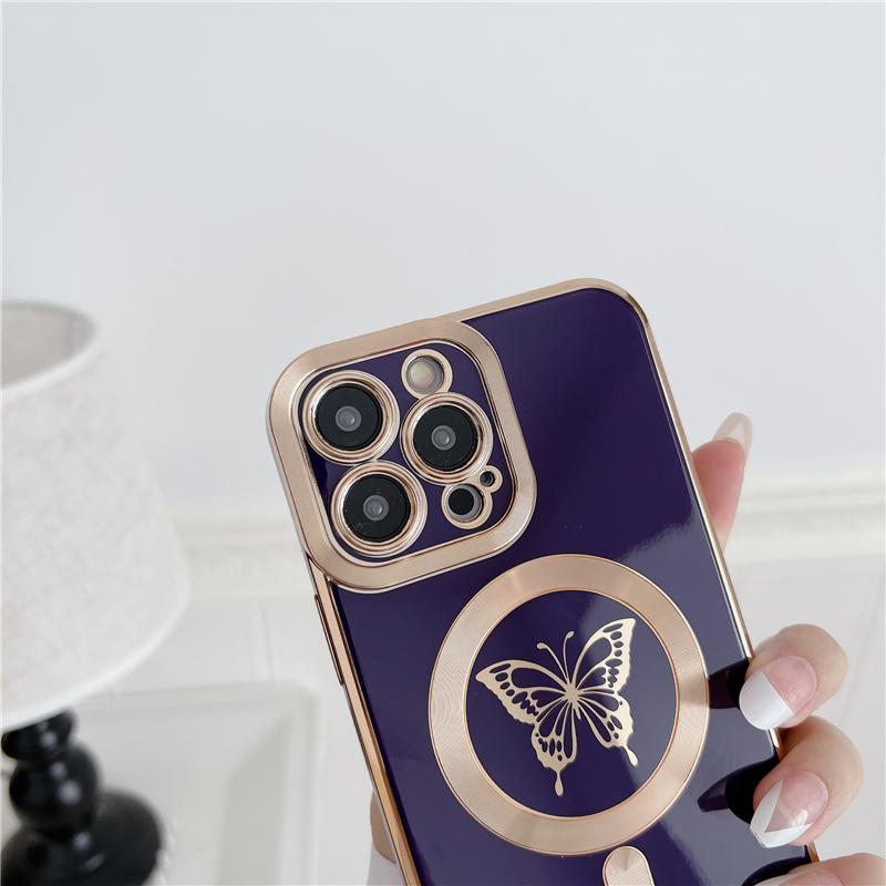 Pour iPhone 16 Pro Max Luxe Magsafe Magnétique Placage Papillon Coque de Téléphone Pour iPhone 11 12 13 14 15 16 Plus Couverture Protectrice
