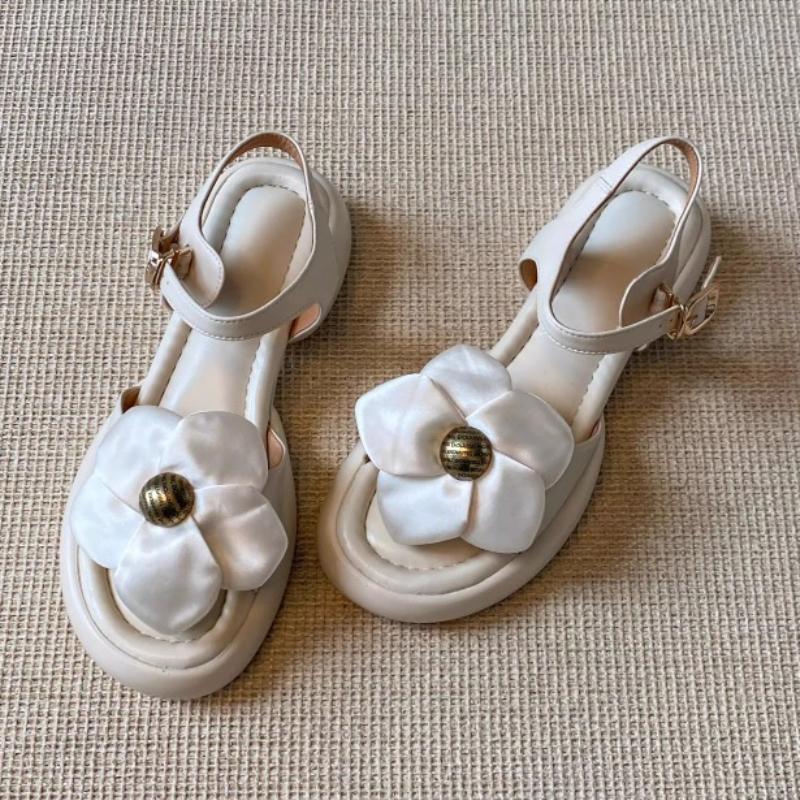 Fashion Flower Women Mid Heels Sandals Designer Heeled Shoes 2025 Fashion Trend Summer New Chunky Pumps Elegant Buckle Chaussures Femme