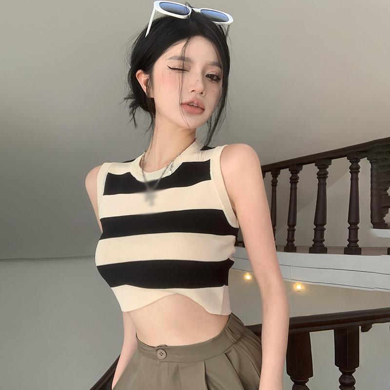 

Женская майка без рукавов, топы с круглым вырезом, обнаженный пупок, тонкая повседневная вязаная майка One Size