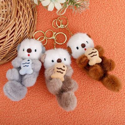 Porte-clés Peluche Loutre de Mer Dessinée: Pendentif Mignon Chien de Mer Serrant un Poisson pour Sacs à Dos & Plus