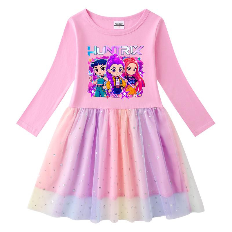 Girls' Kpop Rainbow Sequin Mesh Dress - Long Sleeve, Perfect for Spring & Autumn