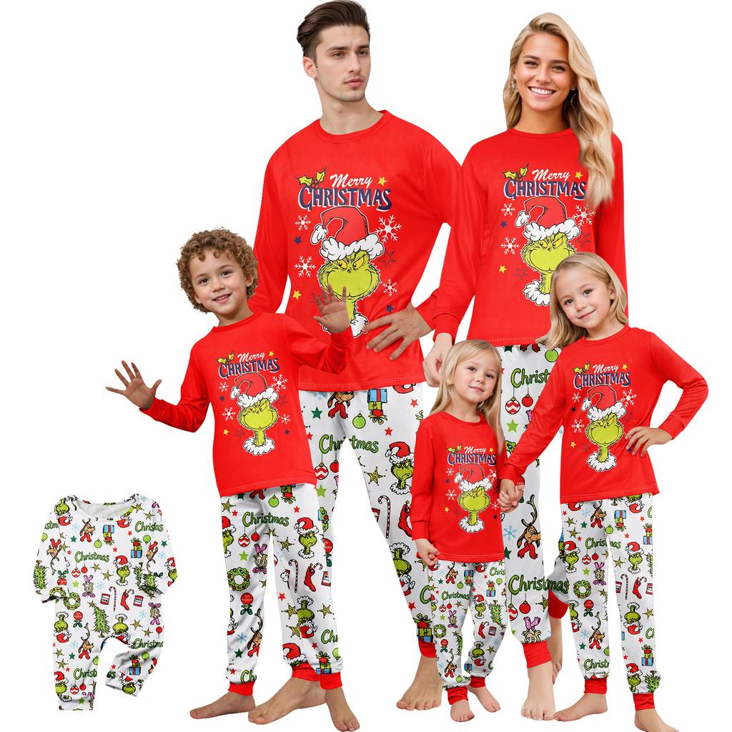 Christmas Print Family Matching Pajama Set Long Sleeve Long Pants Neck for Women Men and Kids