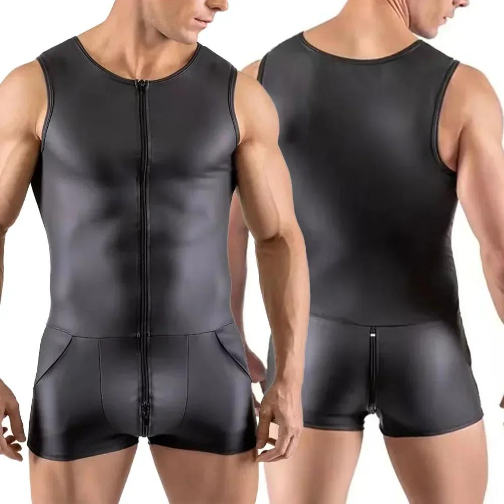 Hot Sexy Men Faux Leather Bodysuit Nightclub Costumes Tight Pouch Leotard Sleeveless Zip-up Open Crotch Jumpsuit Erotic Lingerie