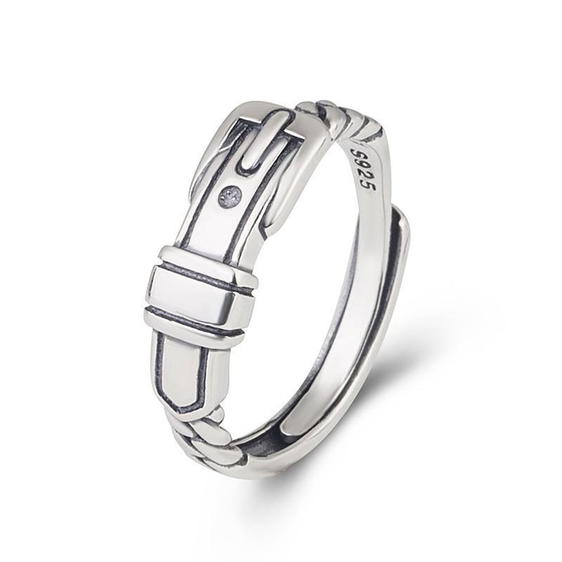 Adjustable Open Ring With Vintage Belt Buckle Charm Chain Detail Sterling Unisex Retro Geometric Finger Adjustable Open Band