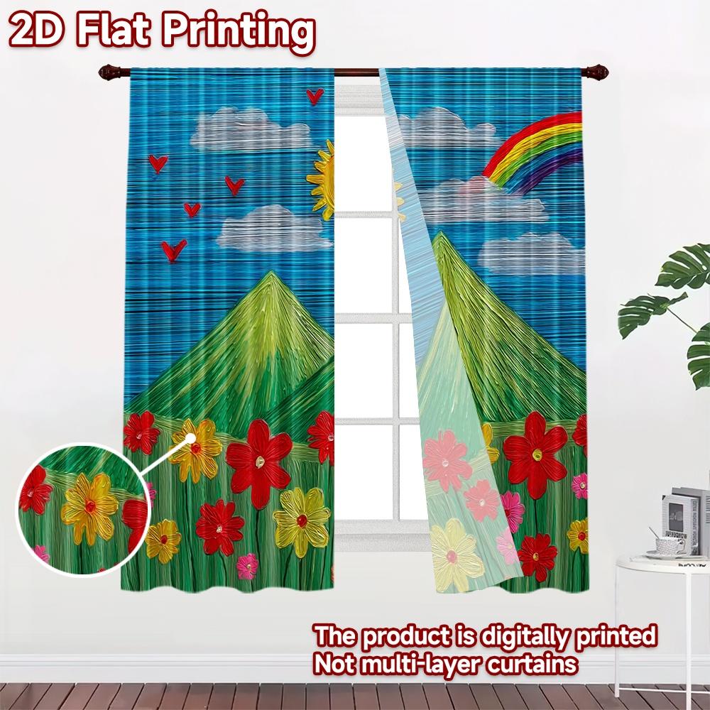 2D flat printing 2pcs Curtain Window Treatment Curtains Spring Rainbow Meadow Digital Printed Polyester Drapes Family Party for