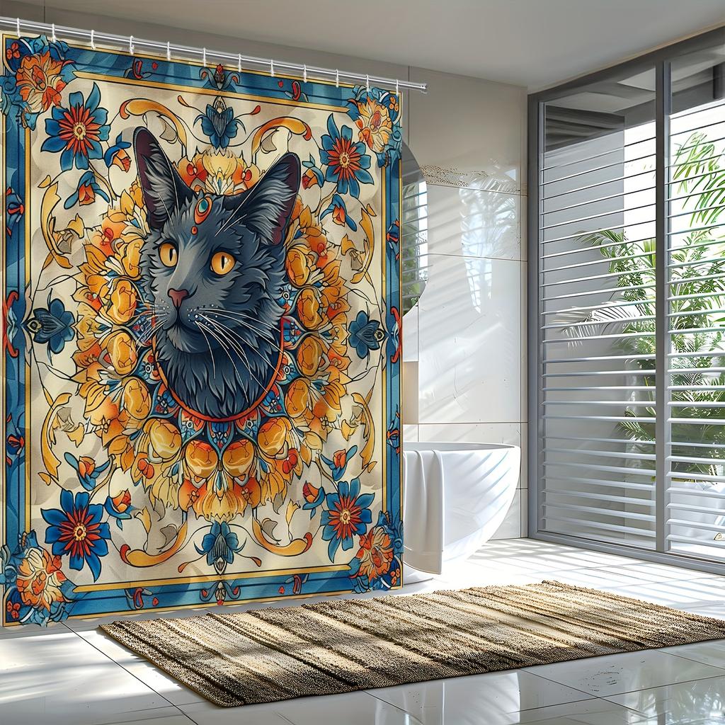 Boho Cat Floral Bath Curtain - Vibrant Artistic Design, Waterproof Home Decor Adds Exotic Charm And Beauty To Your Bathroom