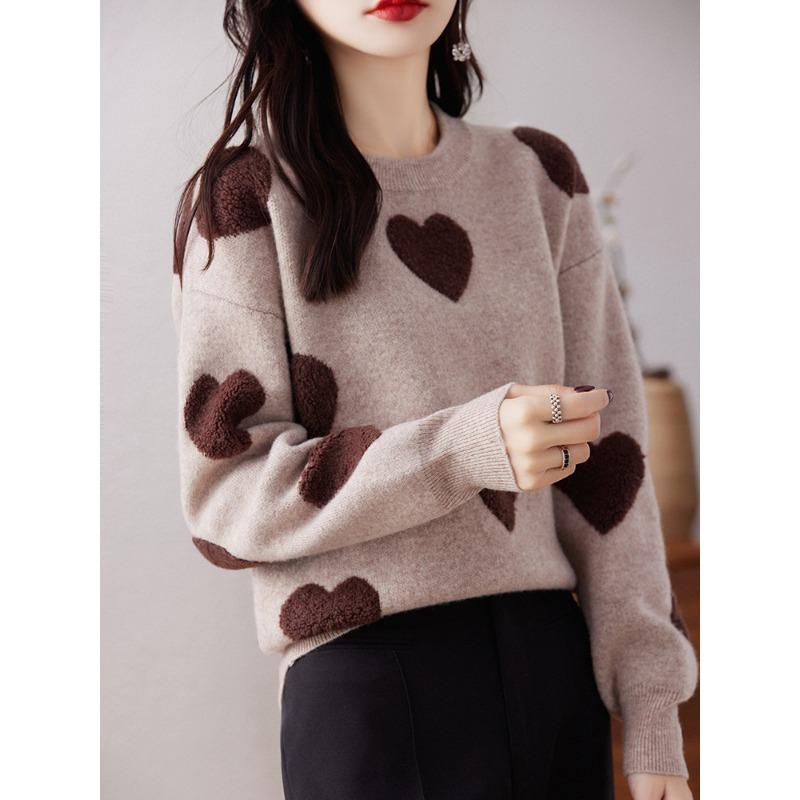 Round Neck Love Wool Sweater for Women In Autumn and Winter New Fashionable and Versatile Cashmere Base Shirt Skin-friendly and Warm Top