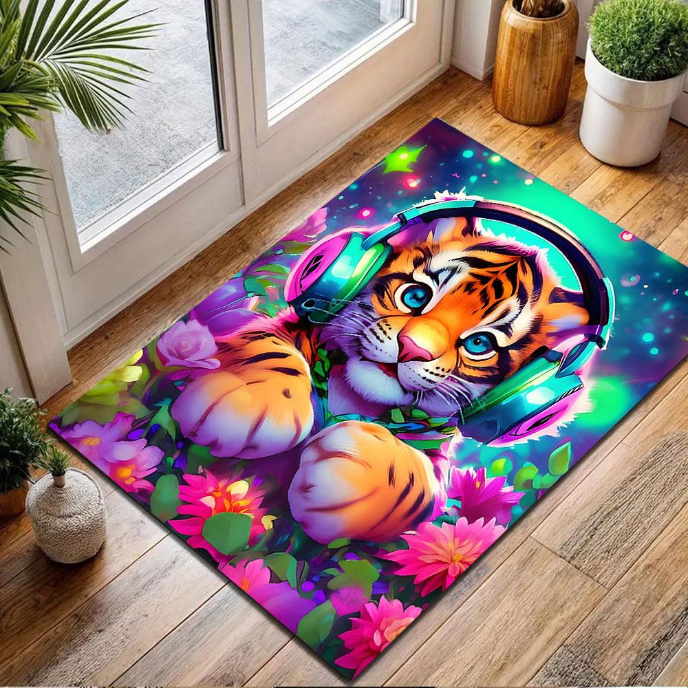 Cute Tiger Cub with Headphones & Flowers Patterned Carpet, Non Slip Mat Suitable for Living Room and Bedroom Sofas