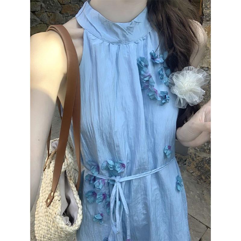 Blue Neck Sleeveless Dress Women's Summer Dopamine Wear High-end Seaside Vacation Beach Dress