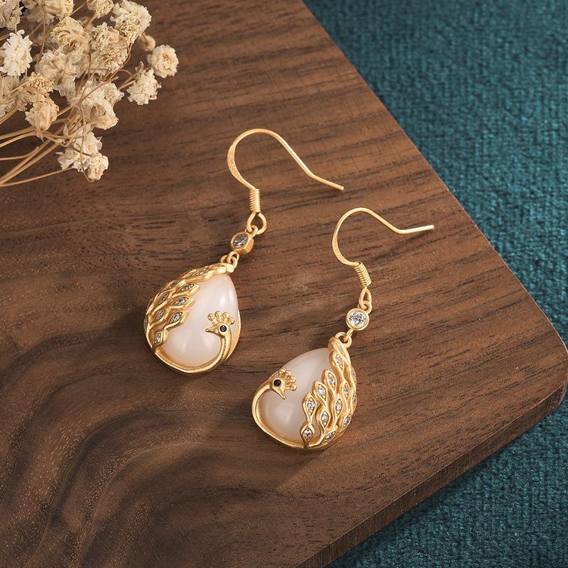Peacock Imitation Hetian Jade Earrings: High-End Chinese Court Style with Fashionable Ear Hook for Women