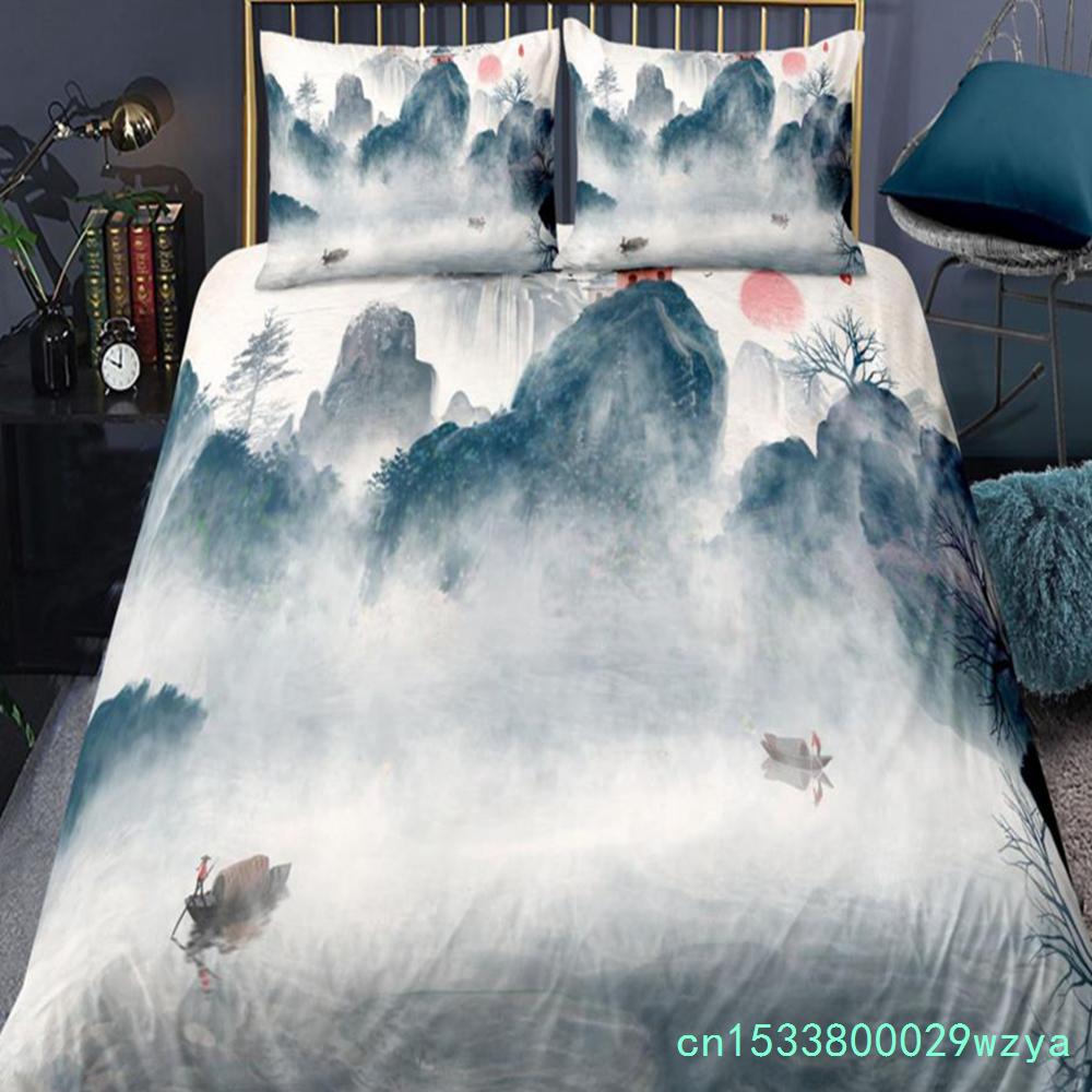 Set da letto paesaggistico in stile cinese Set copripiumino con fiori di prugno con federa Biancheria da letto Singolo Matrimoniale King Size Set piumone
