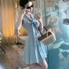 Fresh girly style V-neck plaid bow dress for women's small summer new, pleated skirt short