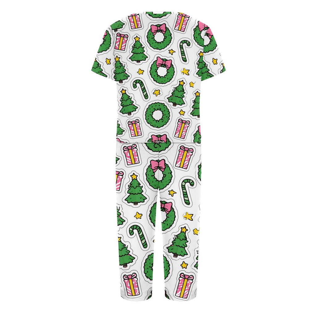 Women's Casual Christmas Print Two-Piece Outfit with Short Sleeve Top and Pants