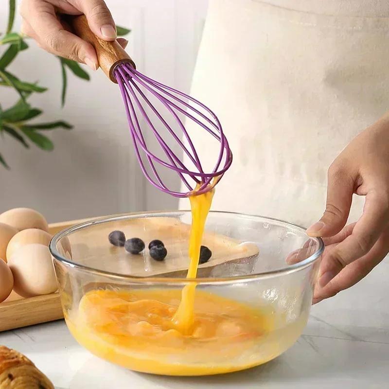 Silicone Egg Beater Whisk Wooden Handle Kitchen Hand Egg Beater Gadgets Kitchen Tools Baking Accessories  Kitchen Gadgets