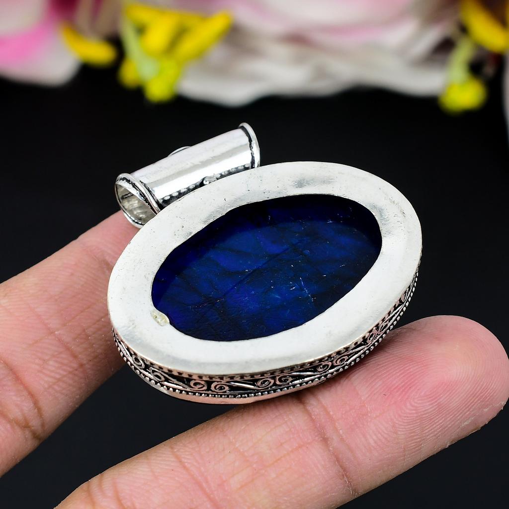 Blue Labradorite Gemstone 925 Sterling Silver Jewelry Pendant 1.69" KG-263