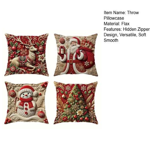4Pcs Throw Pillowcase Snowflake Snowman Xmas Tree Pattern Invisible Zipper Design Pillow