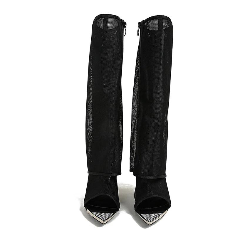 Fashion Sexy Metal Pointed Toe Black Mesh Knee High Boots Sandals Women Zip Fashion Rhinestone High Heels Shoes Female Botas Mujer