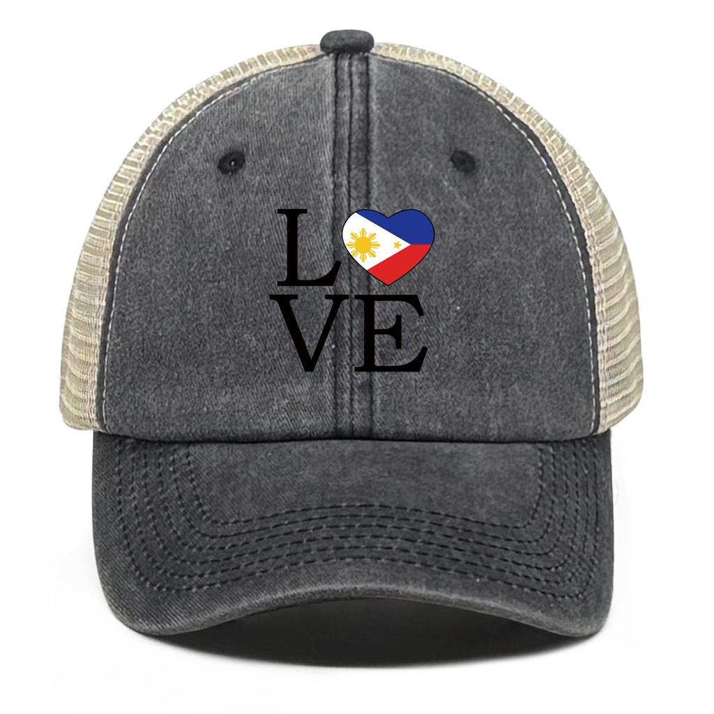 LOVE" Philippine Flag Print Snapback Mesh Cap, Patriotic Man's Cap Distressed Vintage-Inspired Inelastic Simple Adjustable Trucker Hat