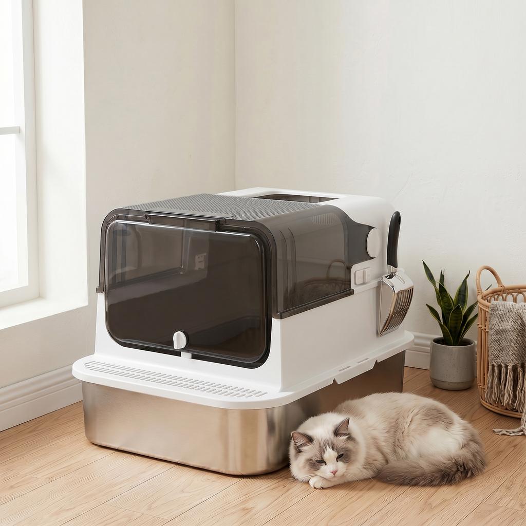 Stainless Steel Cat Litter Box with Lid XXL 72L for Large Cats and Multiple Cats with Double Doors, Scoop, Pedal, Anti-Leak