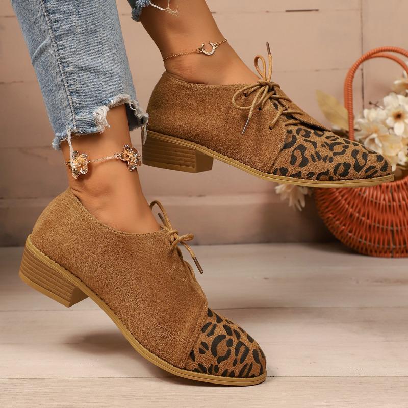 Mid Heel Square Heel Loafers Leopard Lace-up 2025 Hot Sale Ladies Shoes Spring/autumn Shallow Fashion Casual Women's Shoes