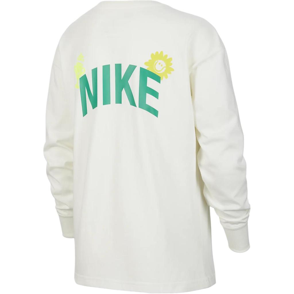 Nike Tricou simplu cu mânecă lungă, culoare uni, croială largă, imprimeu, topuri pentru copii, Alb-Velier HM4643133