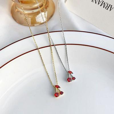 Cute Cherry Necklace with Red Zircon Temperament, Minimalist Design, New Year's Collarbone Chain