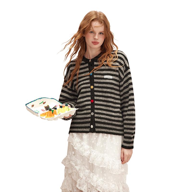 

UNIFREE Collegiate Style Striped Wool Blend Cardigan One Size