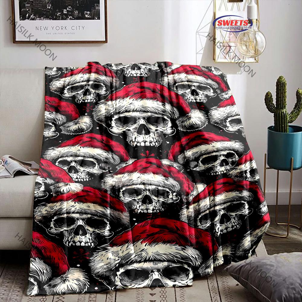 Spooky Skull Christmas Print Blanket Warm Soft and Comfortable Home Travel Blanket Sofa Bedding Cover Blankets Gift for Friends