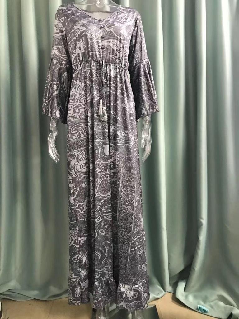 2023 Bohemian Style V-Neck Bell Sleeve High Waist Floral Vacation Dress for Women