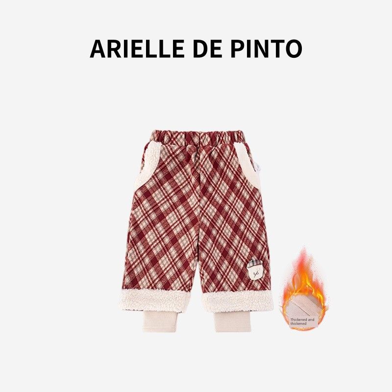 French Arielle De Pinto Girls  Fleece-Lined Pants Winter Style Faux Two-Piece Fleece-Lined Casual Plaid Straight-Leg Pants Big Red Plaid Pants 120