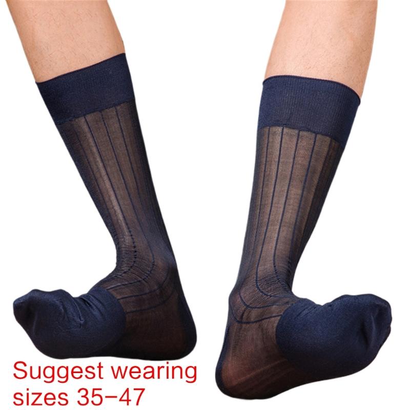 Mens Business Soft Breathable Nylon Sheer Dress Socks Thin See Through Silk Ribs Striped Calf Socks for Formal Use