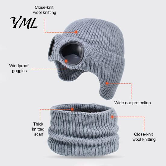 Boys Girls Thermal Winter Accessories 1 Set Knit Hat Neck Warmer for Kids, Earflap with Goggles, Playful Goggle Decor Kids Fleece Lined Aviator
