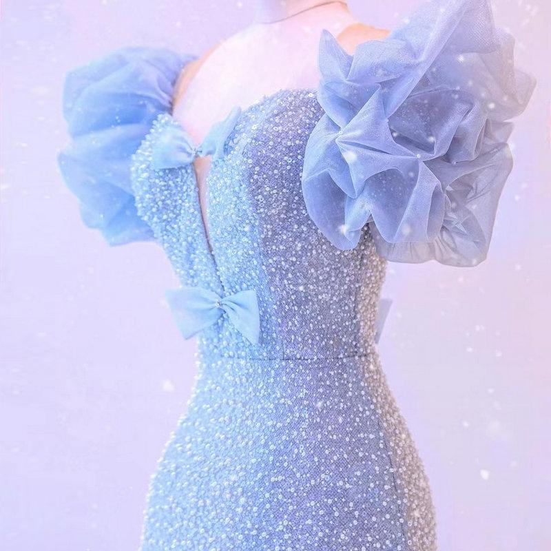 Blue small trailing evening dress, annual meeting host sequined waist fishtail skirt, light luxury niche bride toast dress women