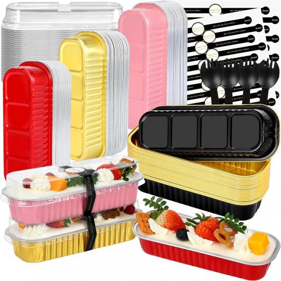 Mini Loaf Pans with Lids and Spoons (100 Pack, Mixed Color, 6.8oz) Rectangular Aluminum Foil Baking Pans