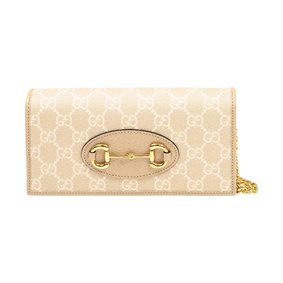 Gucci Horsebit 1955 Detachable Chain Button Closure Canvas And Leather Shoulder Crossbody Bag Wallet Women bags Oatmeal 621892-UULBG-9683