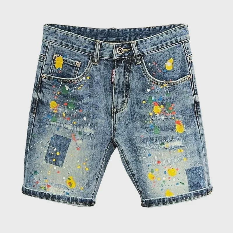 Men's Trendy American Style Graffiti Slim Fit Ripped Denim Shorts