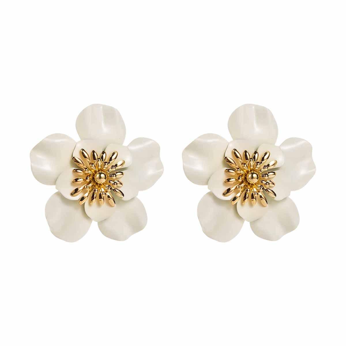 Exaggerated Drip Oil Flower Earrings for Women Vintage Double Layered Floral Stud Earrings Sweet Vacation Style Jewelry