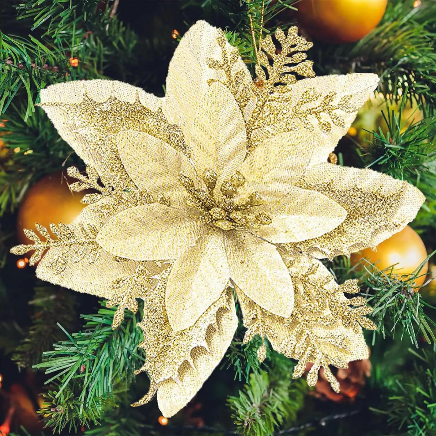 

1PC Christmas Golden Glitter 14cm Flower Christmas Tree Decoration Ornaments Color Glitter Home Party Decoration Supplies 5pcs