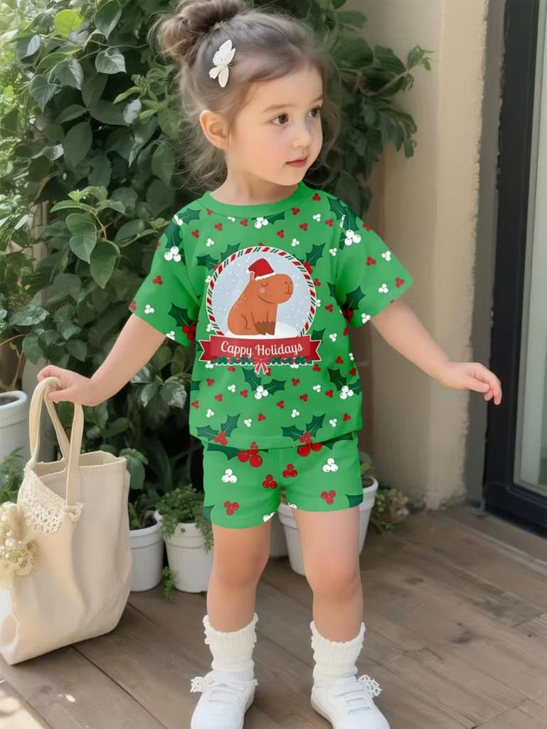 Girls Summer 2 Piece Set Cute Capybara Animal Print Short Sleeve Top And Shorts Casual Outfit For Kids Daily Wear