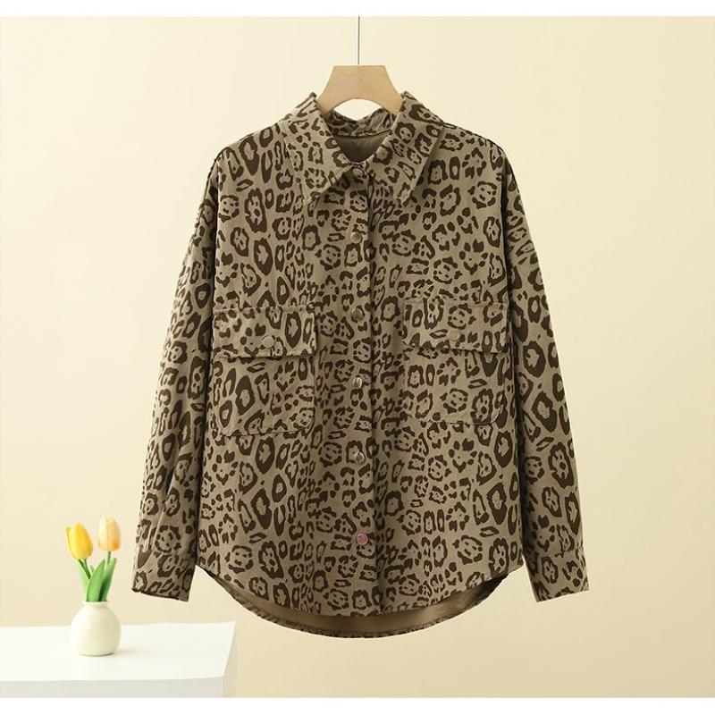 Women's New Spliced POLO Collar Buttons Fashionable Versatile Slim Leopard Print Long Sleeve Shirt