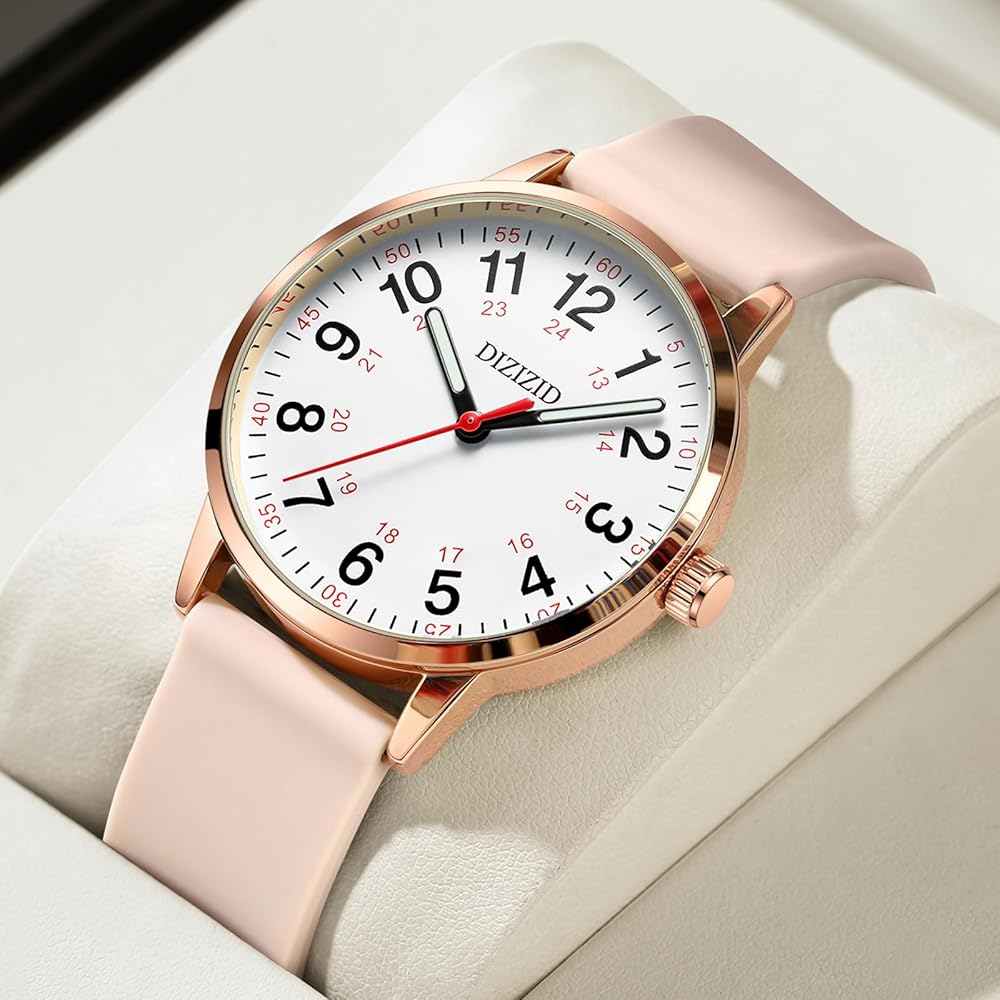 DIZIZID Analog Nurse Watch Waterproof Luminous Easy-to-Read Dial Silicone Strap Unisex Pink
