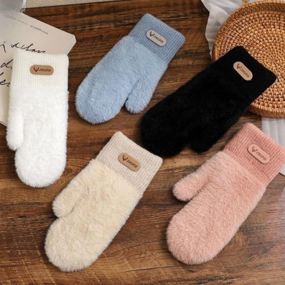 Double Layer Velvet Thickened Warm Gloves Solid Color Versatile Gloves for Outdoor Cycling Winter Warm Plush Inner Mittens