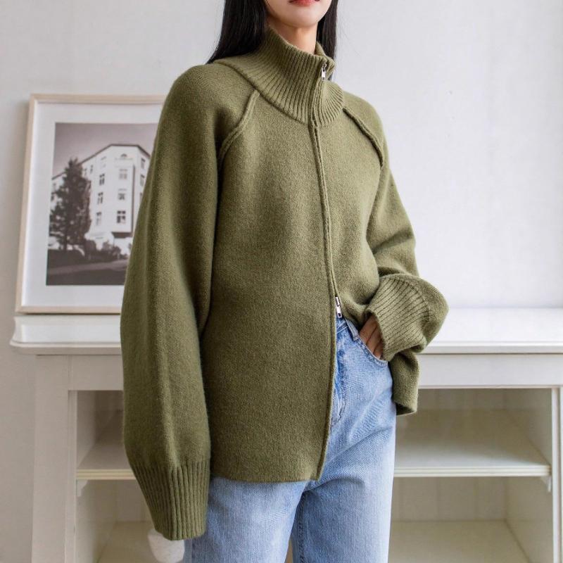 Cardigan Women Sweaters Zipper Coats Stand Collar Full Sleeve Jumpers Y2k Streetwear Elegant Knit Open Stith Autumn Winter
