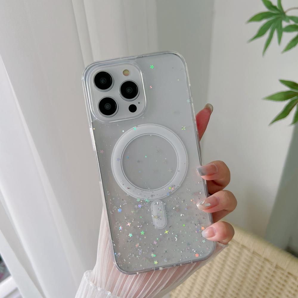 Bling Sequin Clear Magsafe Telefonveske For Iphone 14 13 12 11 Pro Max Glitter Stars Soft Epoxy Cover