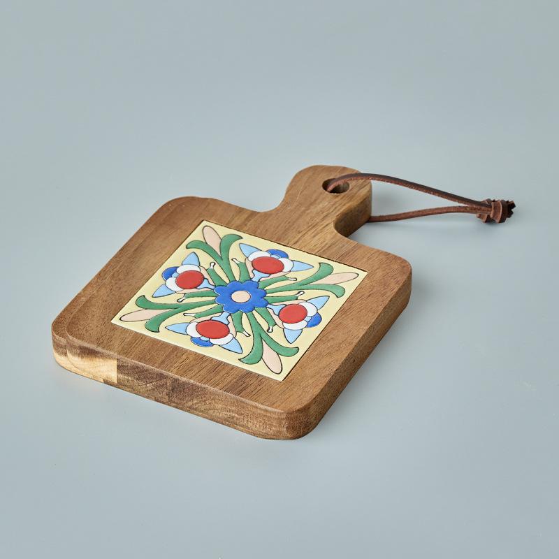 Wood and Ceramic Cutting Board Colorful Tile Trivet Mediterranean Appetizer Board Handmade Kitchen Decor
