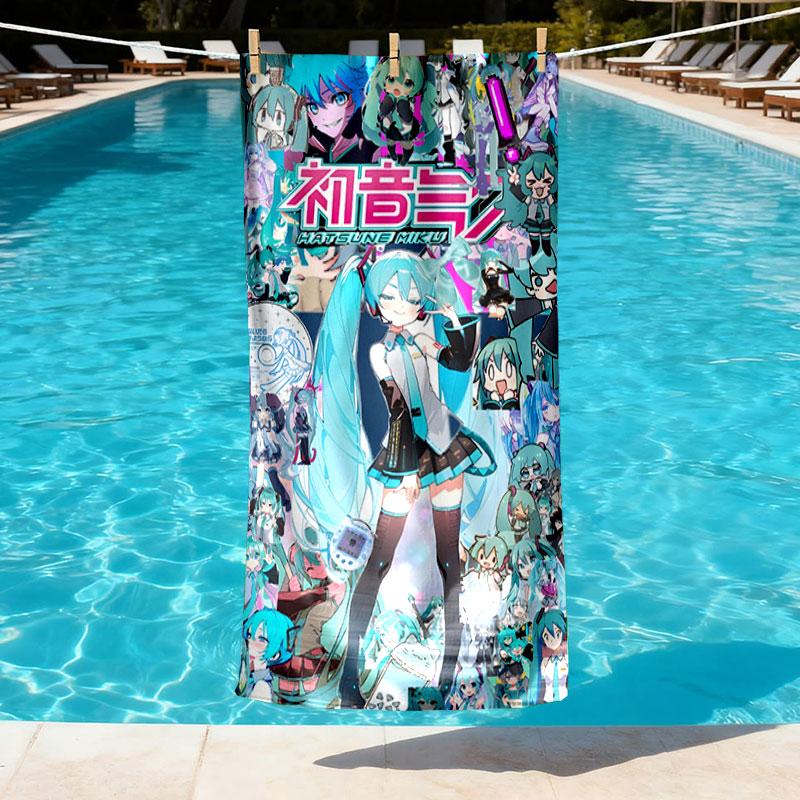 Hatsune Miku Print Beach Towel Design, Soft, Lightweight. for Home Bathroom, Spa, Pool, Yoga, Surfing, Camping, Gift for Family, Friend