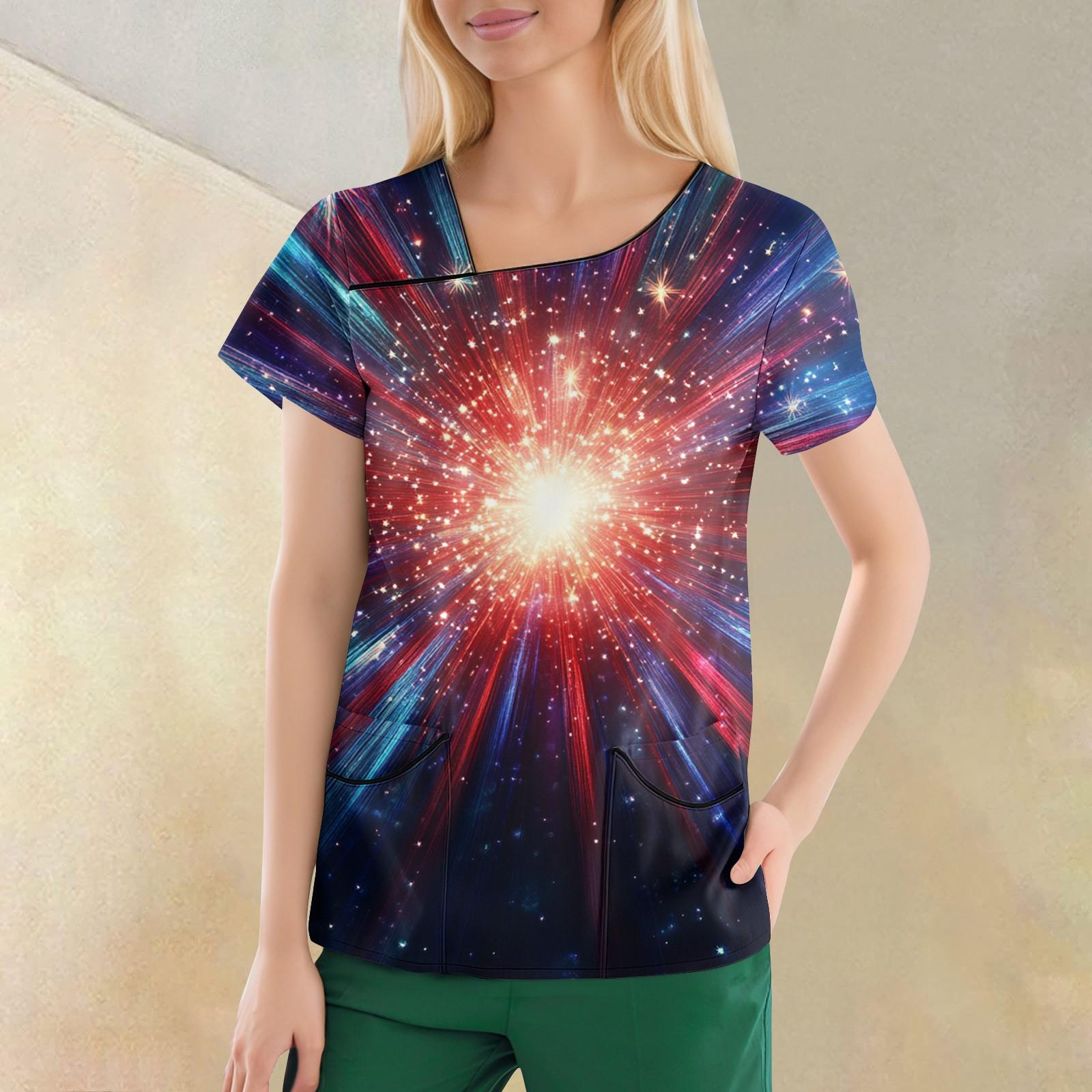 

Женская повседневная рабочая одежда с короткими рукавами и наклонным воротником с принтом и двойными карманами S киноварь