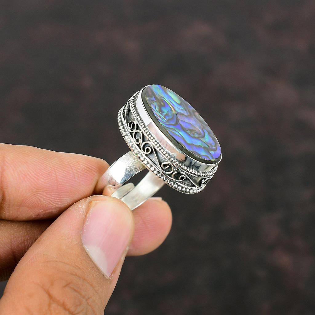 Abalone Shell Ring Handmade Boho Style Jewelry 925 Sterling Silver Ring Natural Gemstone Ring Vintage Jewelry Adjustable Ring Gift For Women