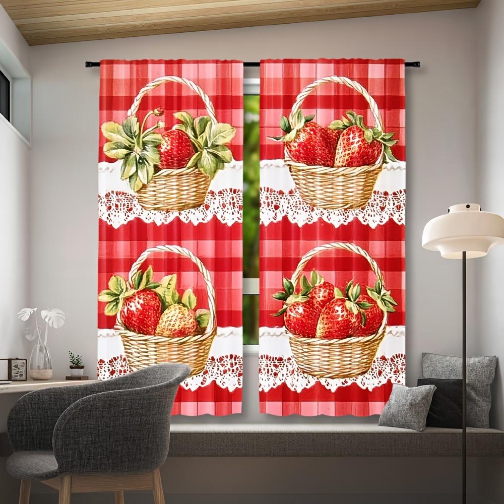 Red Strawberry Picnic Pattern Curtains Gingham Plaid Window Drapes Cottagecore Farmhouse Style Decorative Window Treatment